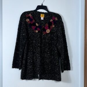 Ruby Rd. Gray Textured Sweater With Felt Floral Design One Button Closure EXC